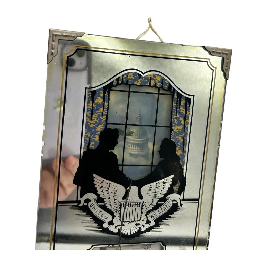 Vintage Silhouette Reverse Painting Couple White House Eagle Thermometer 4 3/4
